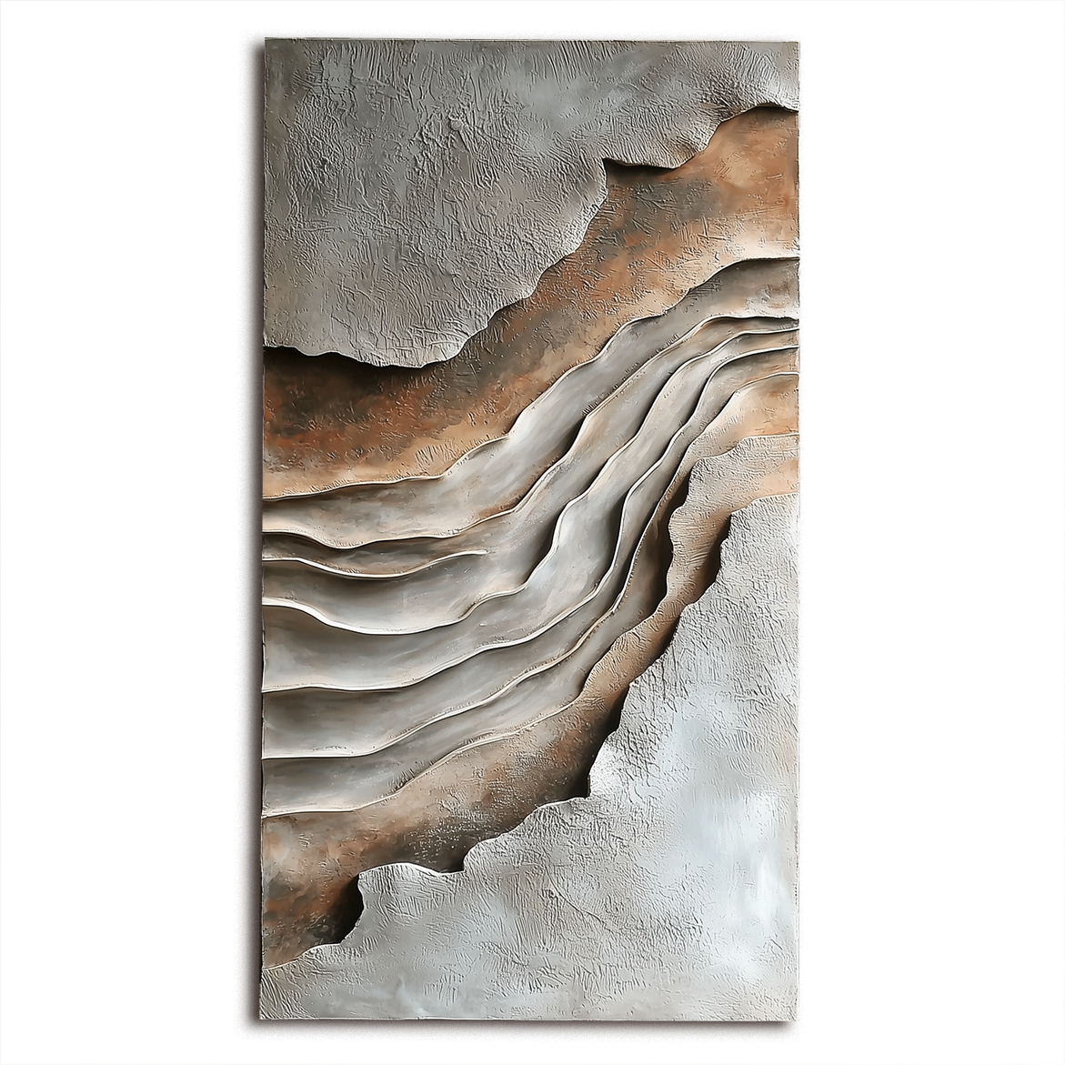 Vertical neutral earth-tone textured abstract art with layered canyon-like wave shapes.