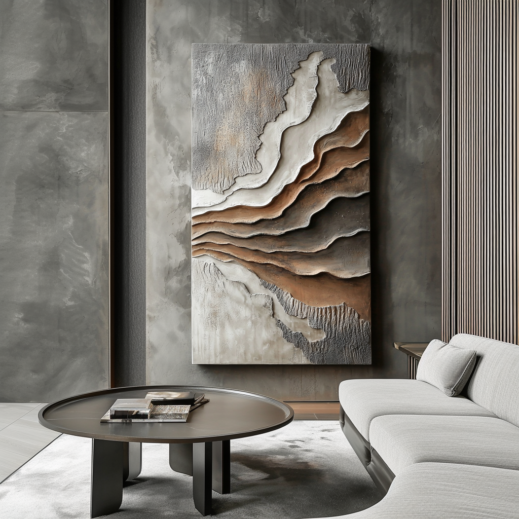 Vertical textured abstract wall art with layered canyon shapes and earth-tone colors in brown and gray.