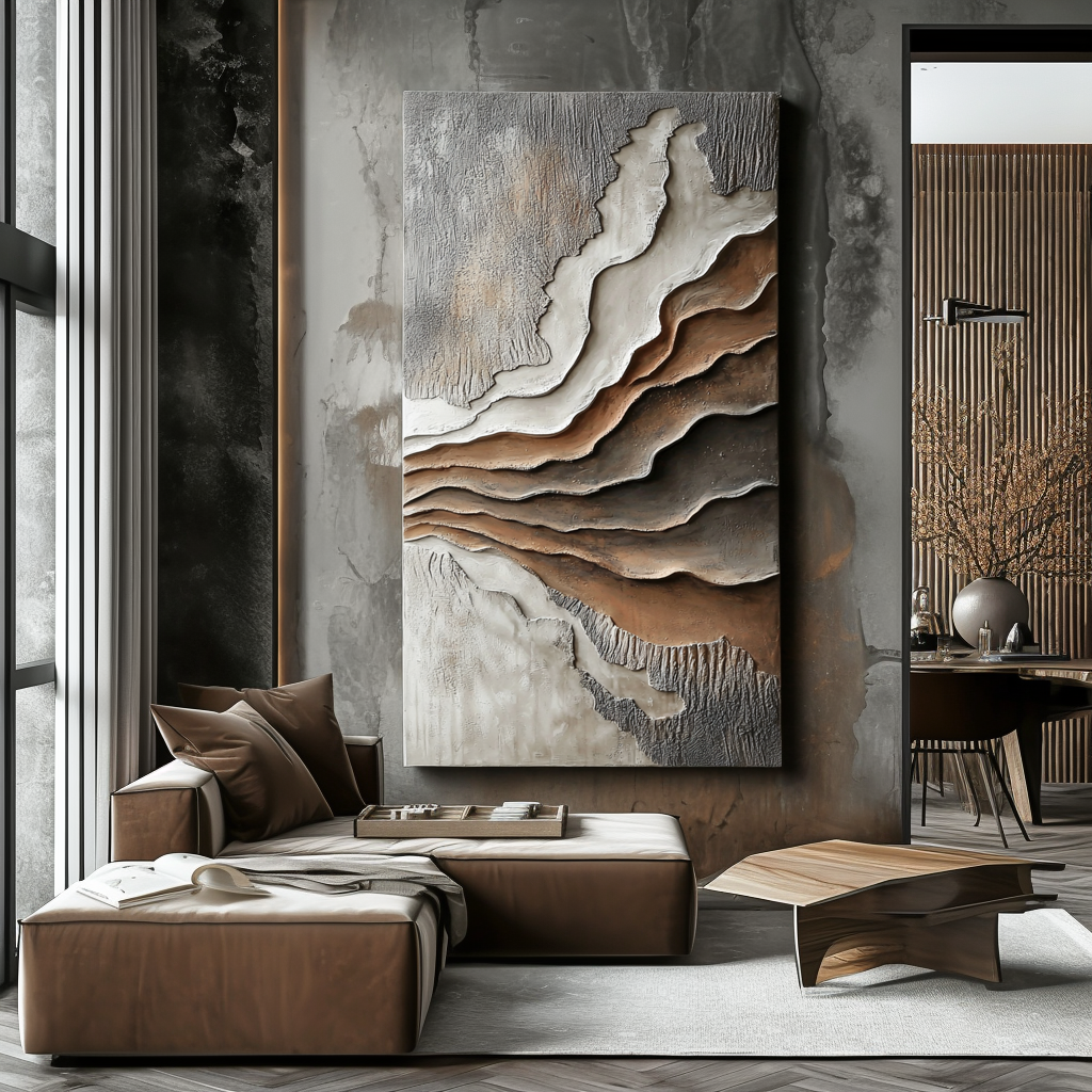 Vertical textured abstract wall art with layered canyon shapes and earth-tone colors in brown and gray.