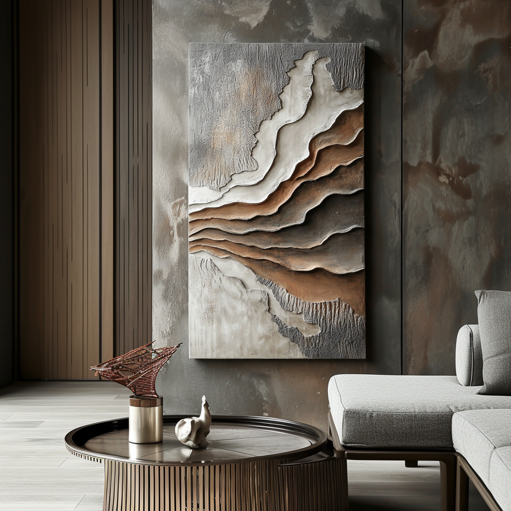 Vertical textured abstract wall art with layered canyon shapes and earth-tone colors in brown and gray.