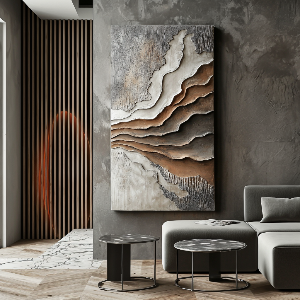 Vertical textured abstract wall art with layered canyon shapes and earth-tone colors in brown and gray.