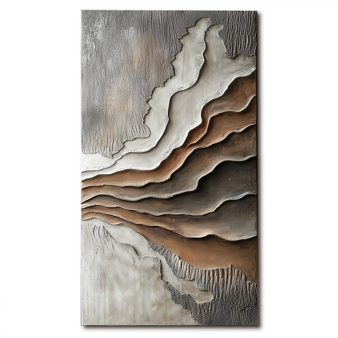 Vertical textured abstract wall art with layered canyon shapes and earth-tone colors in brown and gray.