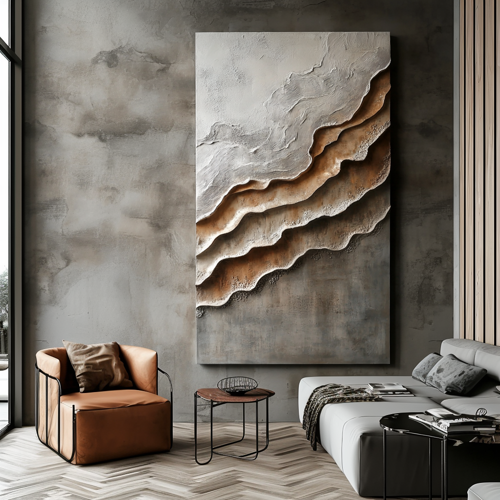 Vertical earth-tone textured abstract art with canyon-like layered forms and soft gradients.