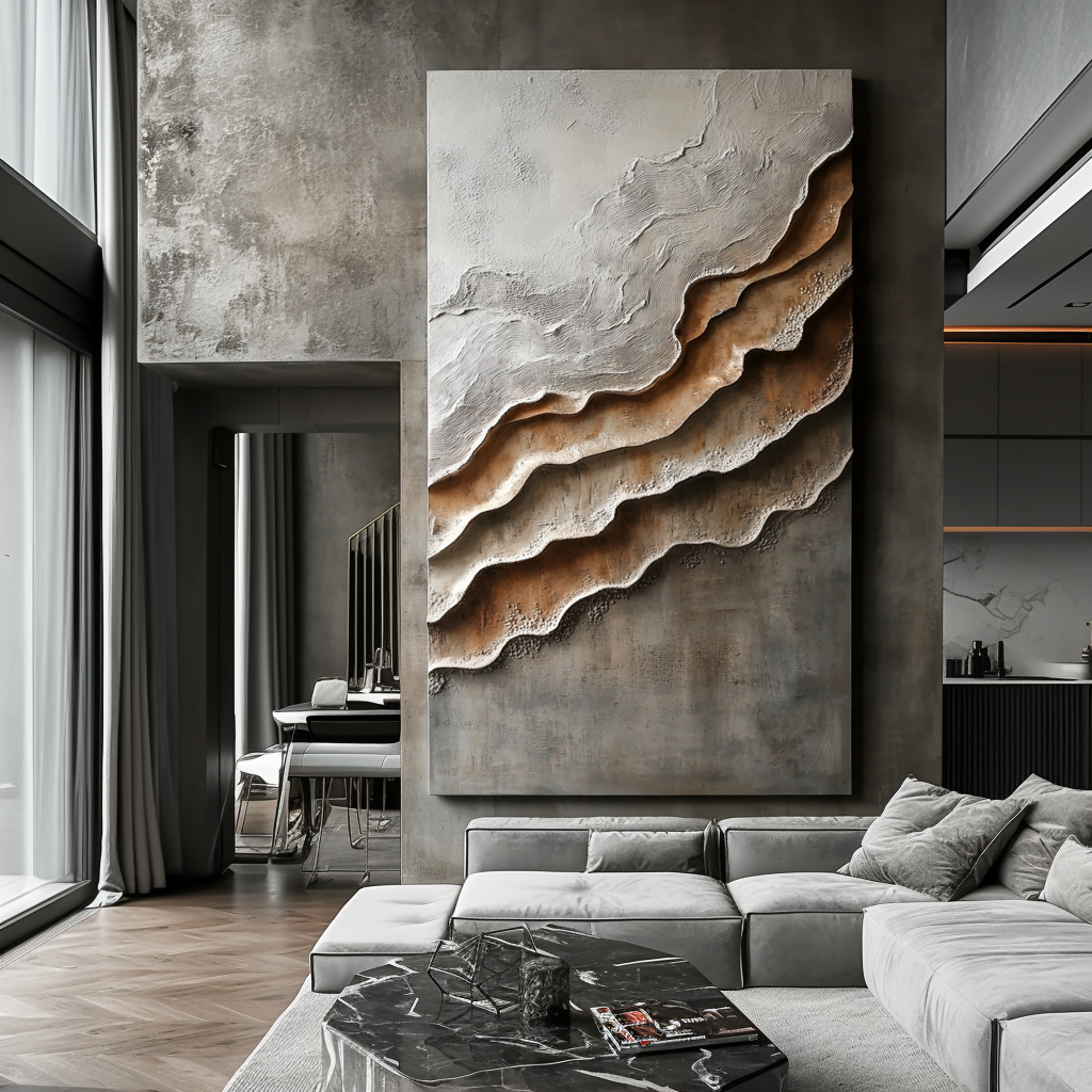 Vertical earth-tone textured abstract art with canyon-like layered forms and soft gradients.
