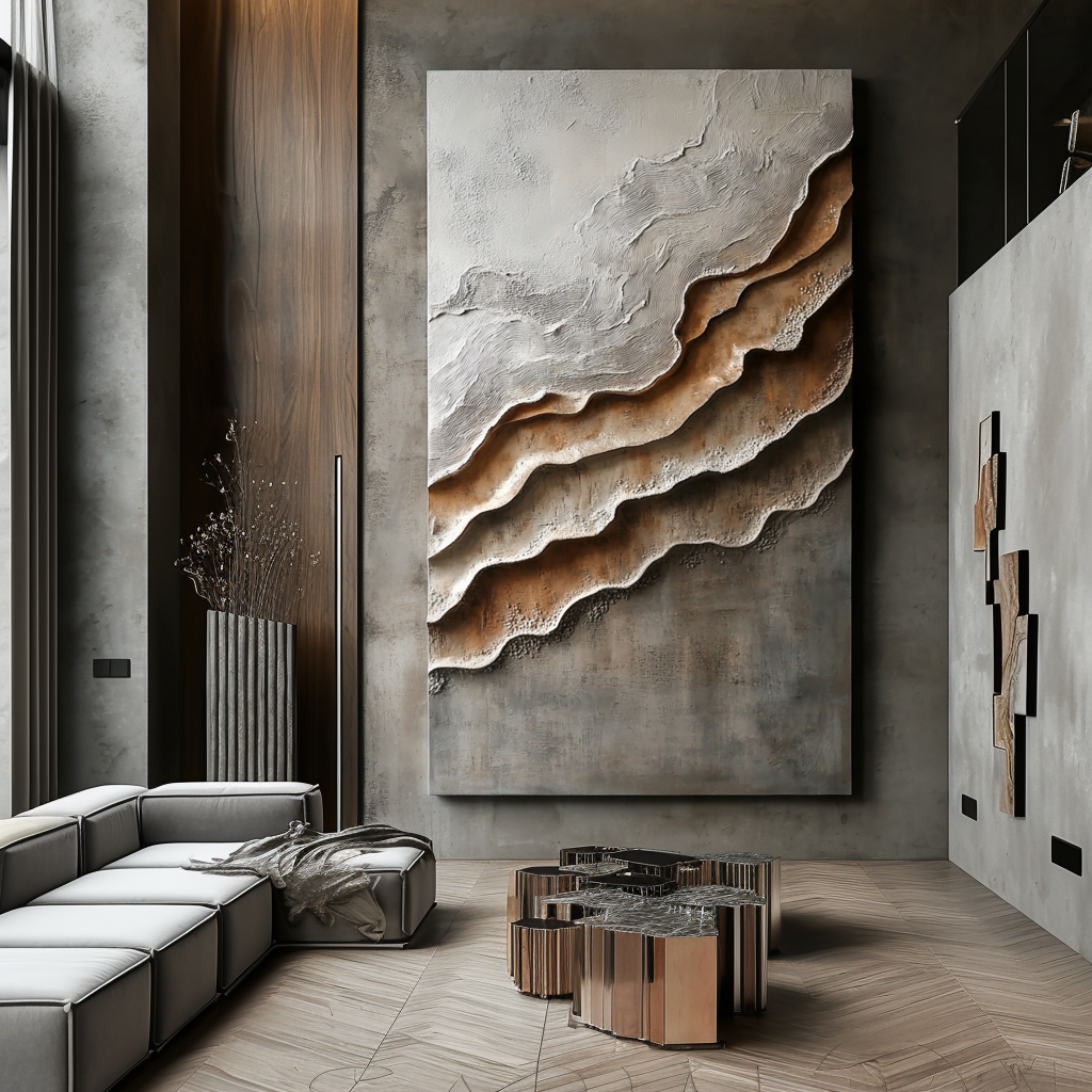 Vertical earth-tone textured abstract art with canyon-like layered forms and soft gradients.