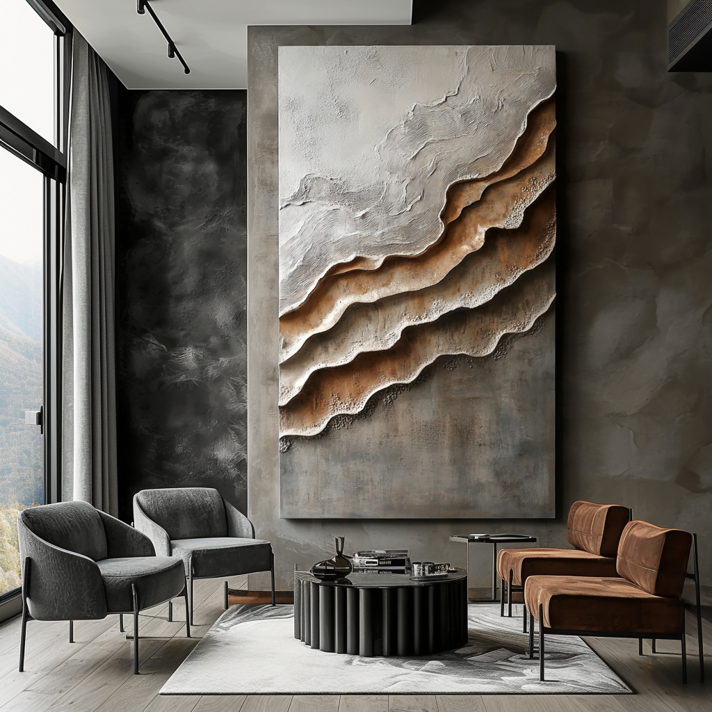Vertical earth-tone textured abstract art with canyon-like layered forms and soft gradients.