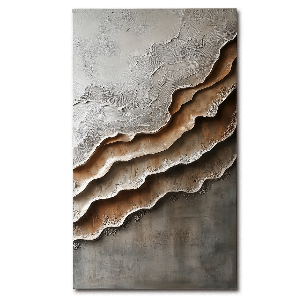 Vertical earth-tone textured abstract art with canyon-like layered forms and soft gradients.