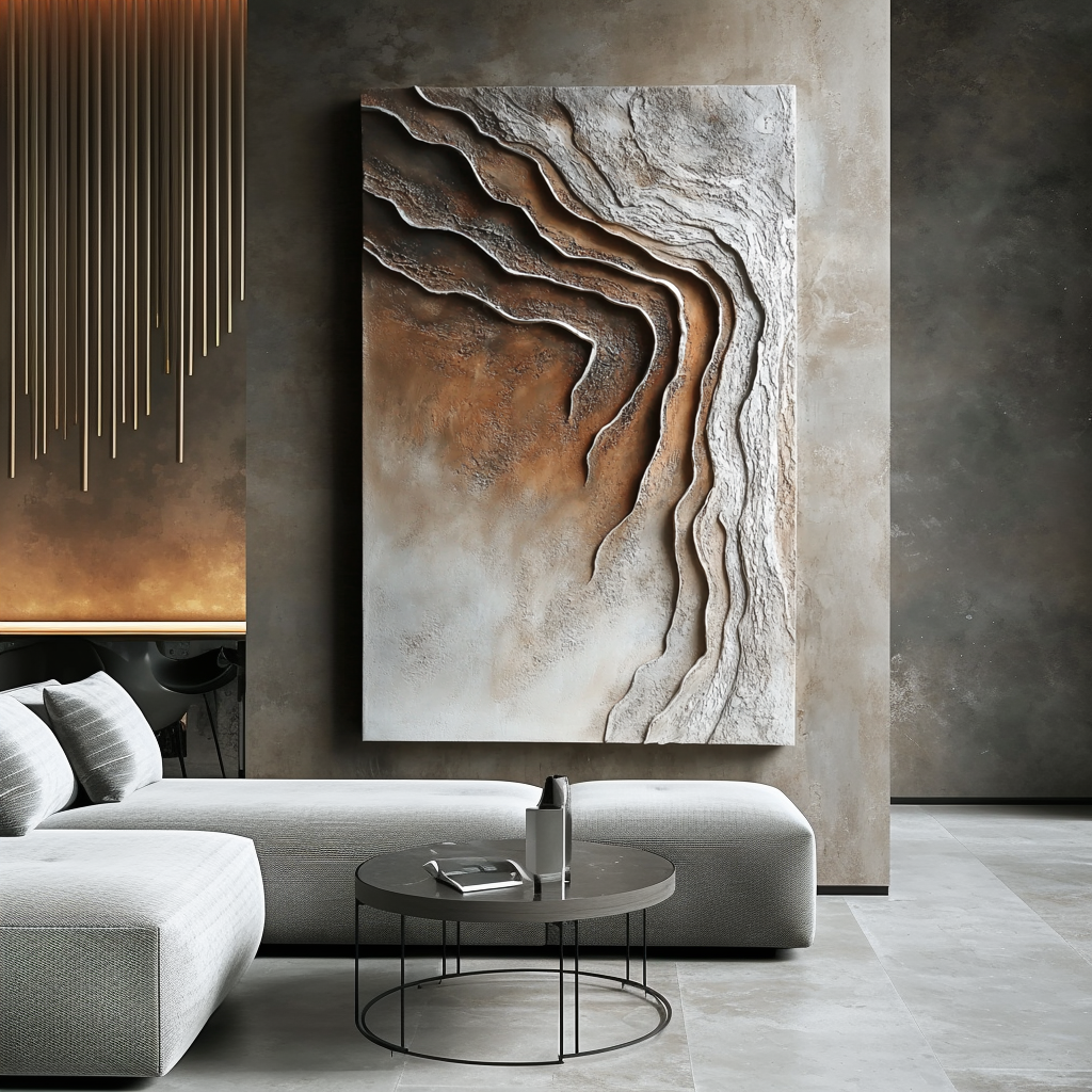 Vertical earth-tone abstract wall art with layered canyon-inspired textures and flowing curves.