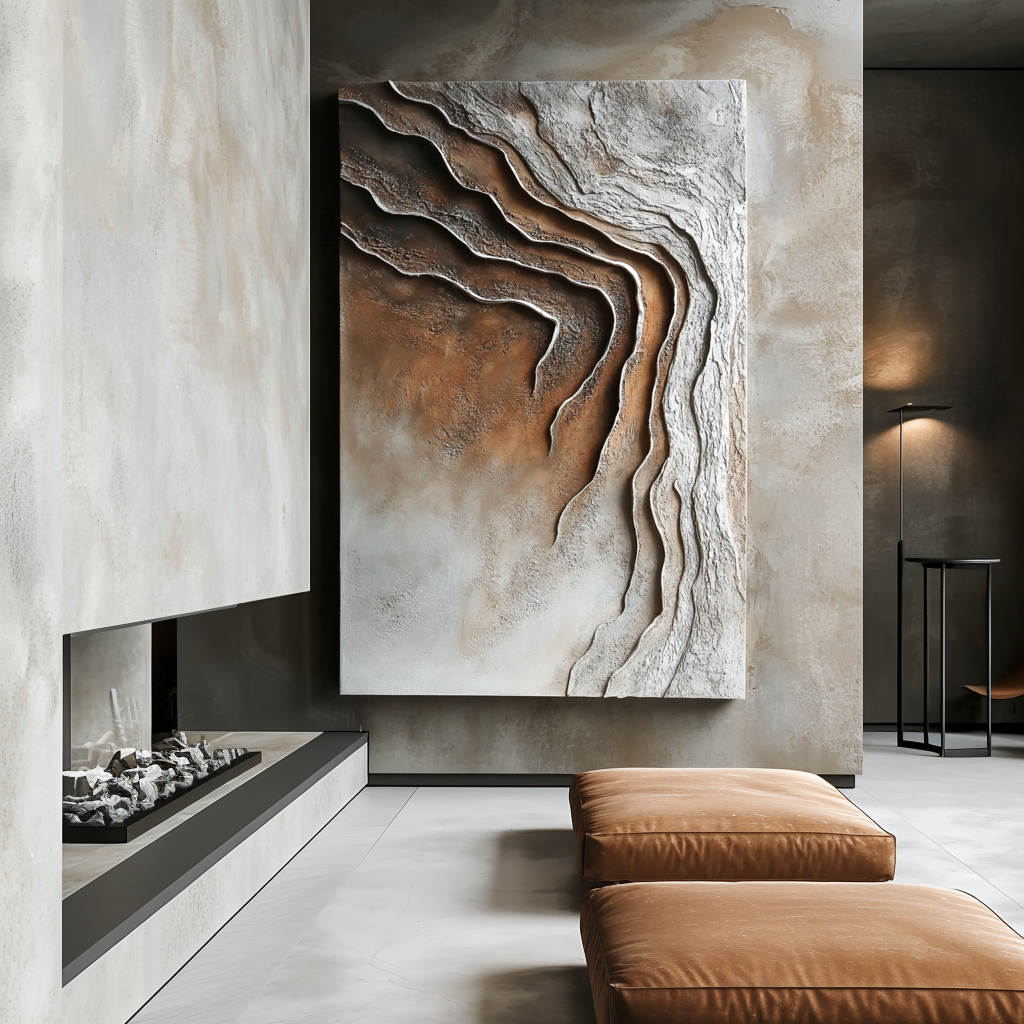 Vertical earth-tone abstract wall art with layered canyon-inspired textures and flowing curves.