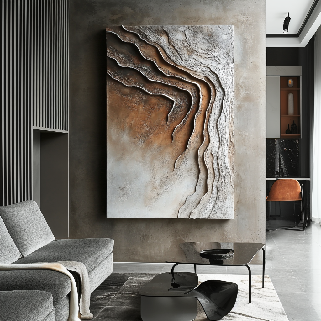 Vertical earth-tone abstract wall art with layered canyon-inspired textures and flowing curves.