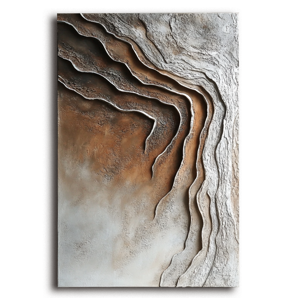 Vertical earth-tone abstract wall art with layered canyon-inspired textures and flowing curves.