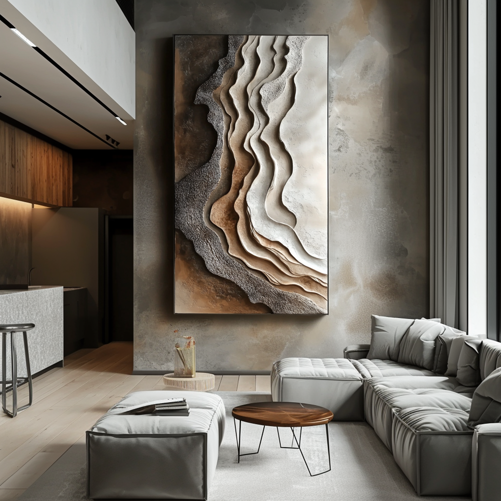 Vertical neutral earth-tone layered abstract painting with canyon-like organic textures.