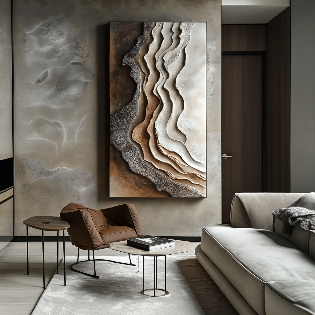 Vertical neutral earth-tone layered abstract painting with canyon-like organic textures.