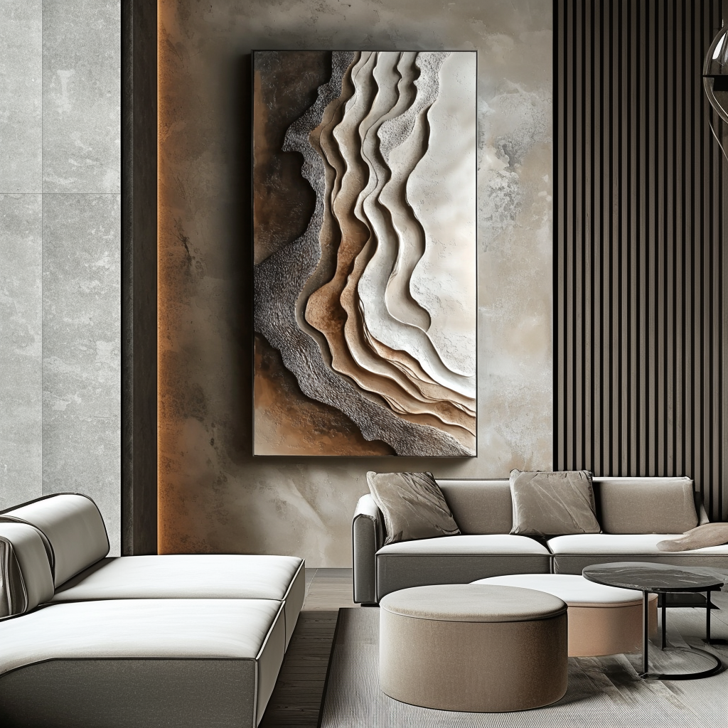 Vertical neutral earth-tone layered abstract painting with canyon-like organic textures.