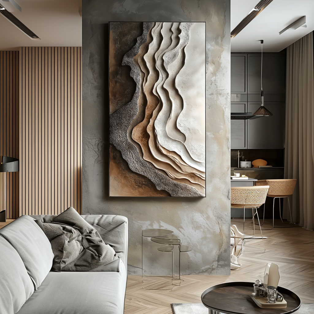 Vertical neutral earth-tone layered abstract painting with canyon-like organic textures.