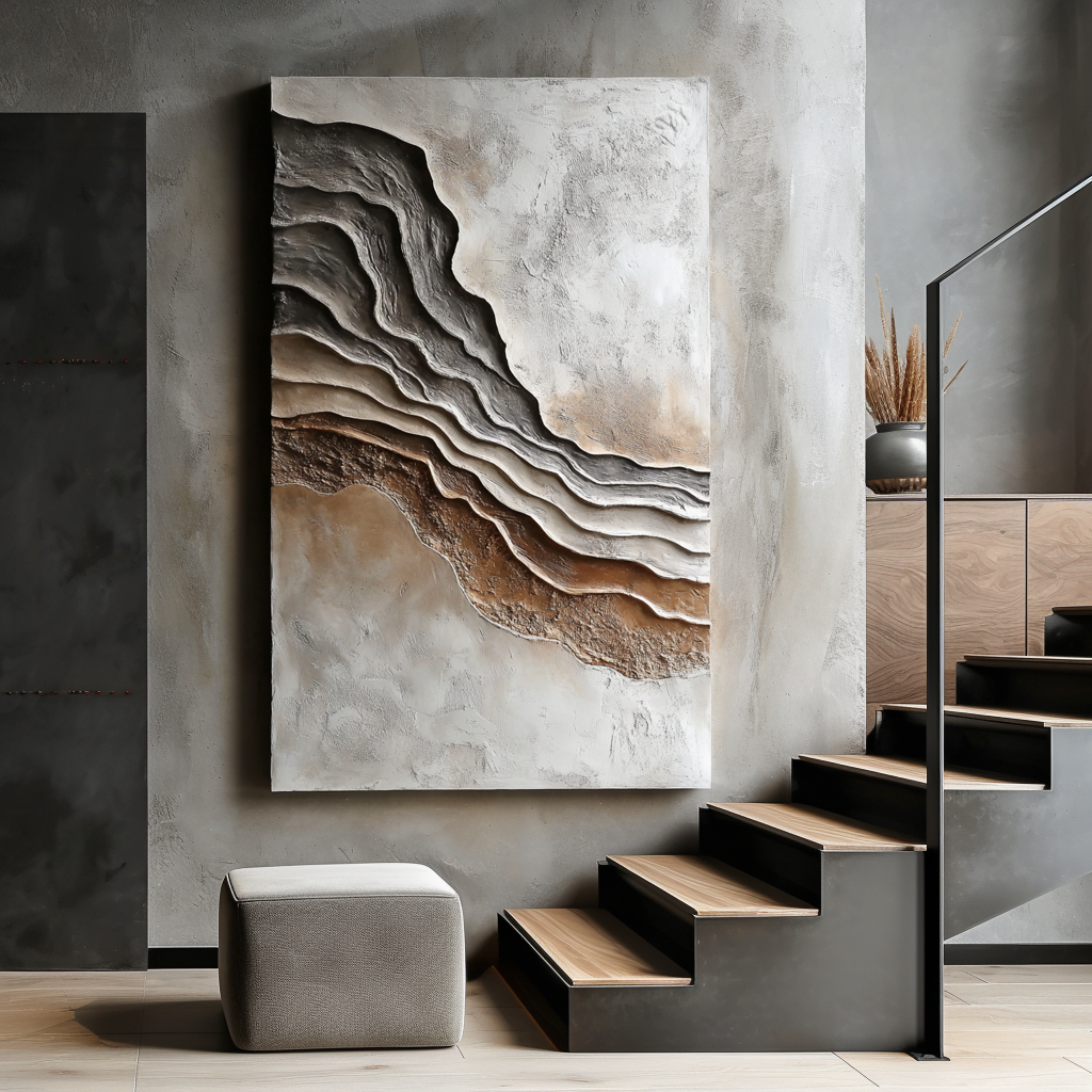 Vertical neutral earth-tone layered textured abstract painting with canyon-like shapes.