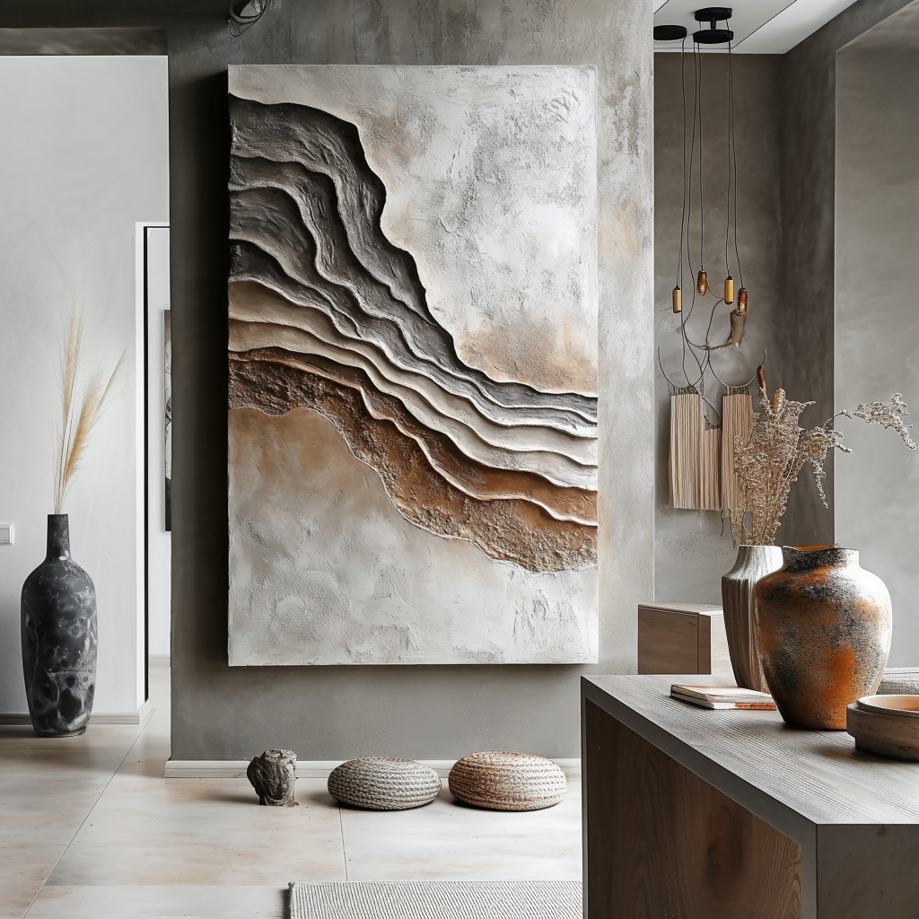 Vertical neutral earth-tone layered textured abstract painting with canyon-like shapes.