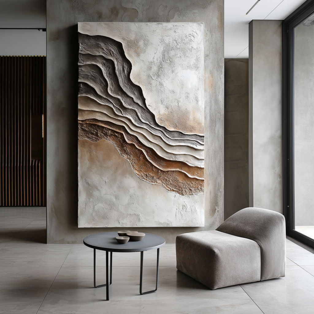 Vertical neutral earth-tone layered textured abstract painting with canyon-like shapes.