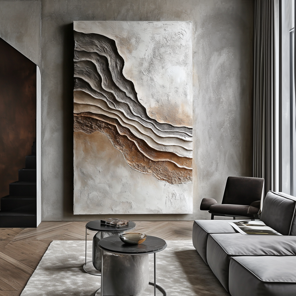 Vertical neutral earth-tone layered textured abstract painting with canyon-like shapes.