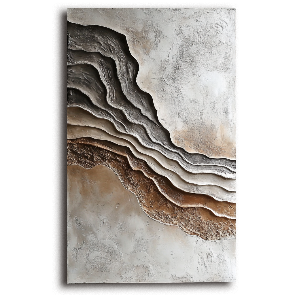 Vertical neutral earth-tone layered textured abstract painting with canyon-like shapes.