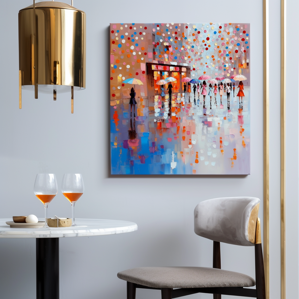 Textured oil painting of a colorful umbrella parade with figures walking on a rainy street with bright reflections and colorful dots in the background.