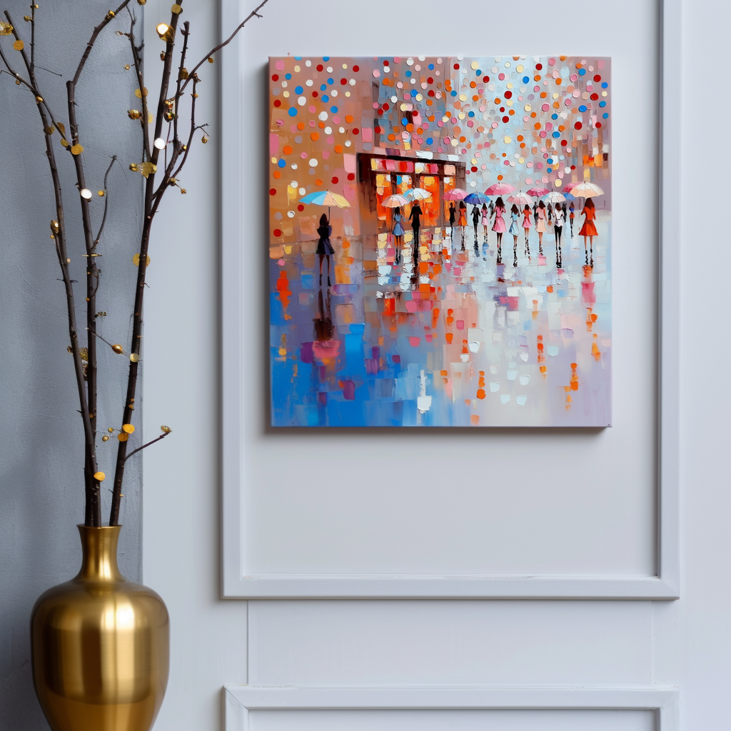 Textured oil painting of a colorful umbrella parade with figures walking on a rainy street with bright reflections and colorful dots in the background.