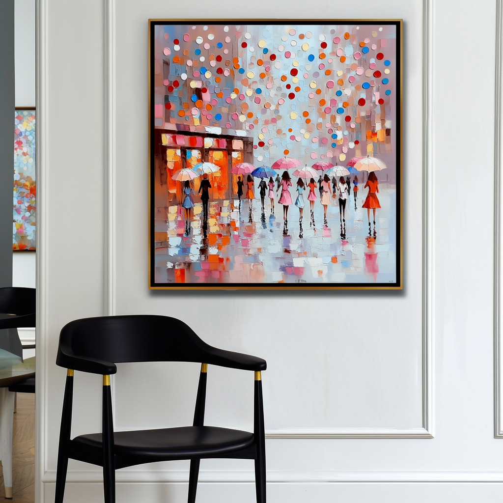 Colorful abstract painting of people with umbrellas walking in the rain, with playful dots in the background