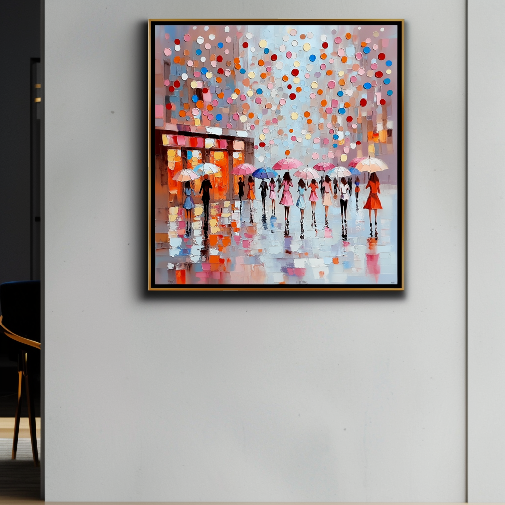 Colorful abstract painting of people with umbrellas walking in the rain, with playful dots in the background