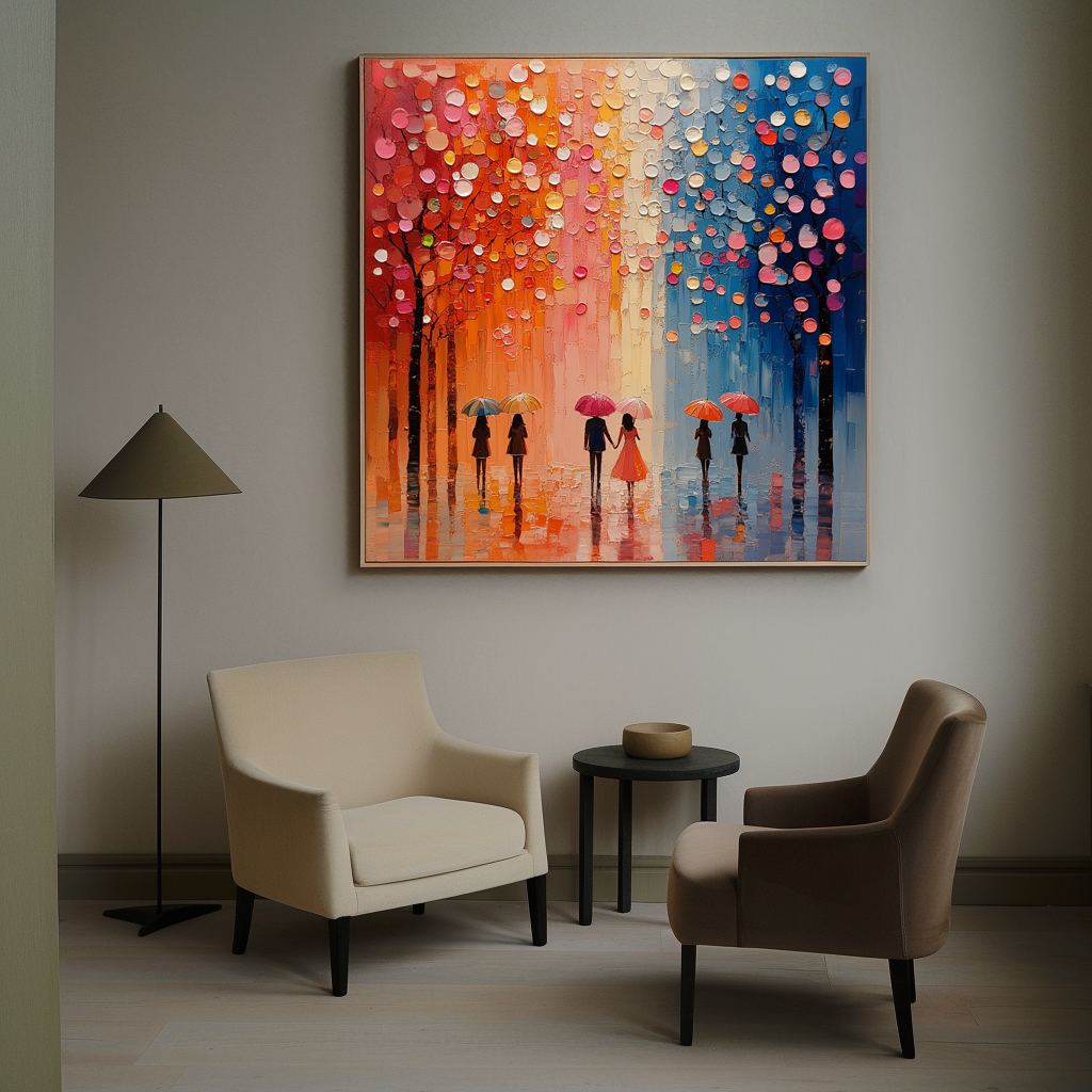 Textured oil painting of five figures walking with colorful umbrellas under blooming trees with vibrant pink, orange, and blue hues in the background.
