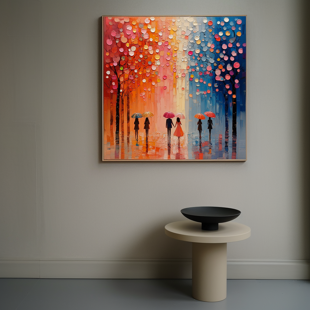 Textured oil painting of five figures walking with colorful umbrellas under blooming trees with vibrant pink, orange, and blue hues in the background.