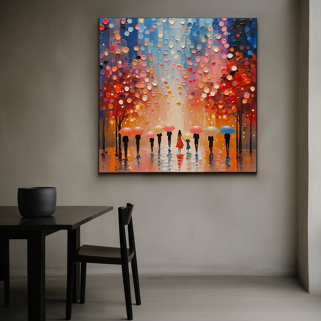 Abstract street scene with people holding colorful umbrellas under autumn trees, with bright dots of falling rain