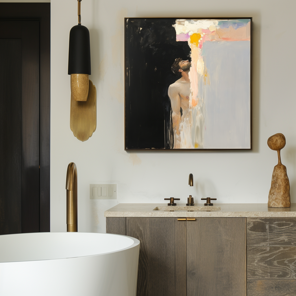 Abstract oil painting of a figure looking upward, with light and dark contrast and textured brushstrokes