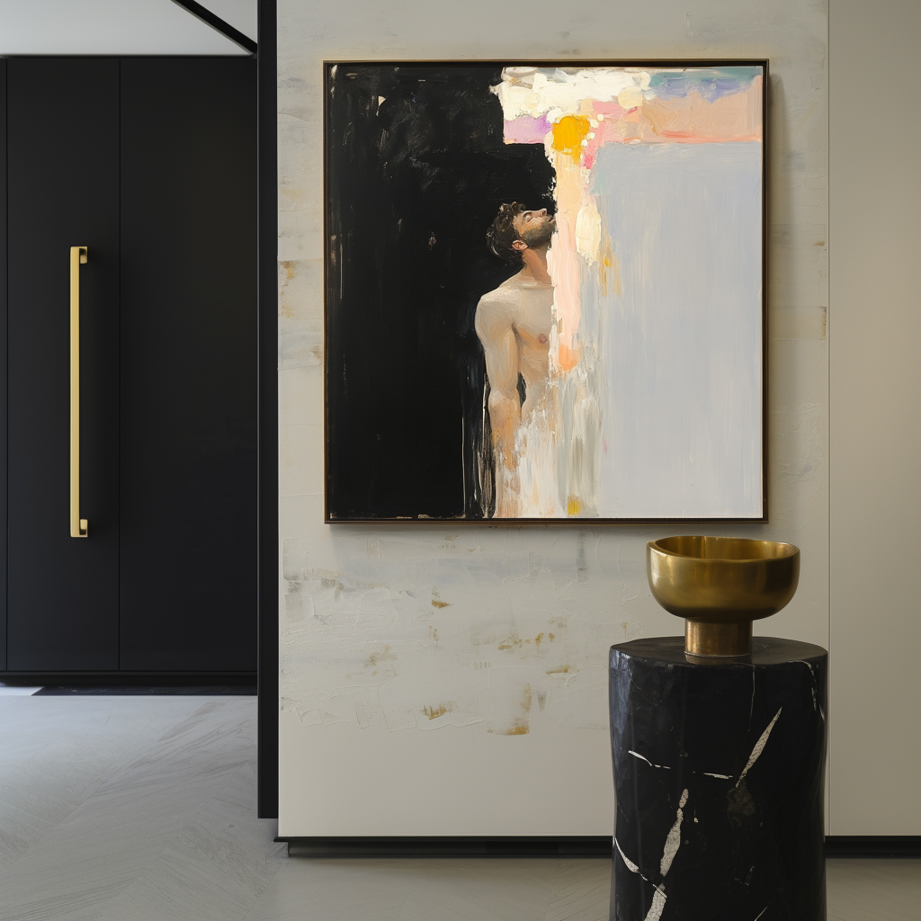 Abstract oil painting of a figure looking upward, with light and dark contrast and textured brushstrokes