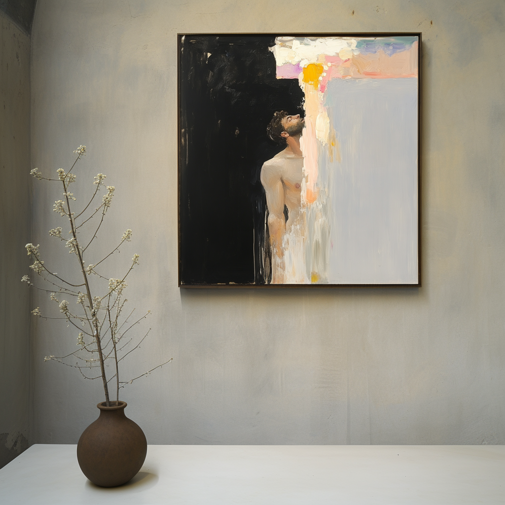 Abstract oil painting of a figure looking upward, with light and dark contrast and textured brushstrokes