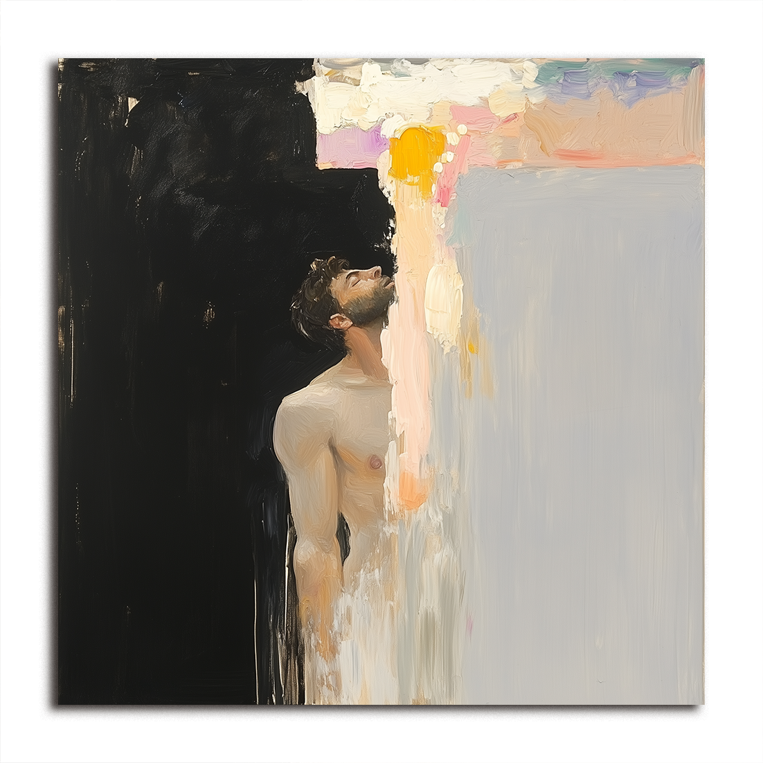 Abstract oil painting of a figure looking upward, with light and dark contrast and textured brushstrokes