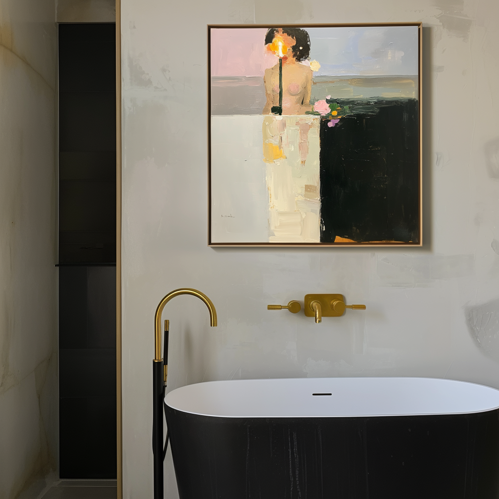 Abstract oil painting of a figure illuminated by a warm light with a vase of flowers, dark and light contrasting backgrounds