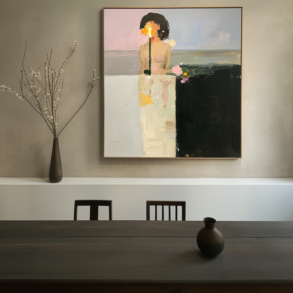Abstract oil painting of a figure illuminated by a warm light with a vase of flowers, dark and light contrasting backgrounds