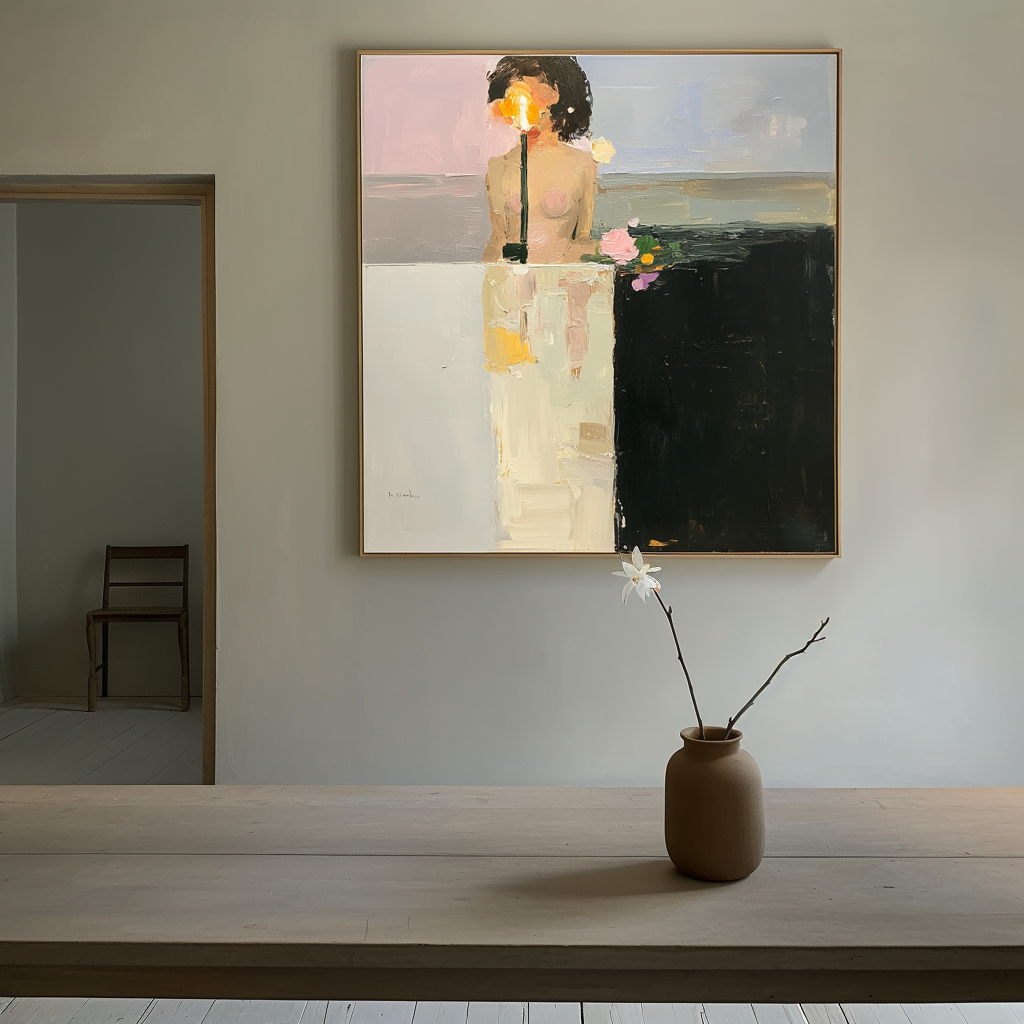 Abstract oil painting of a figure illuminated by a warm light with a vase of flowers, dark and light contrasting backgrounds