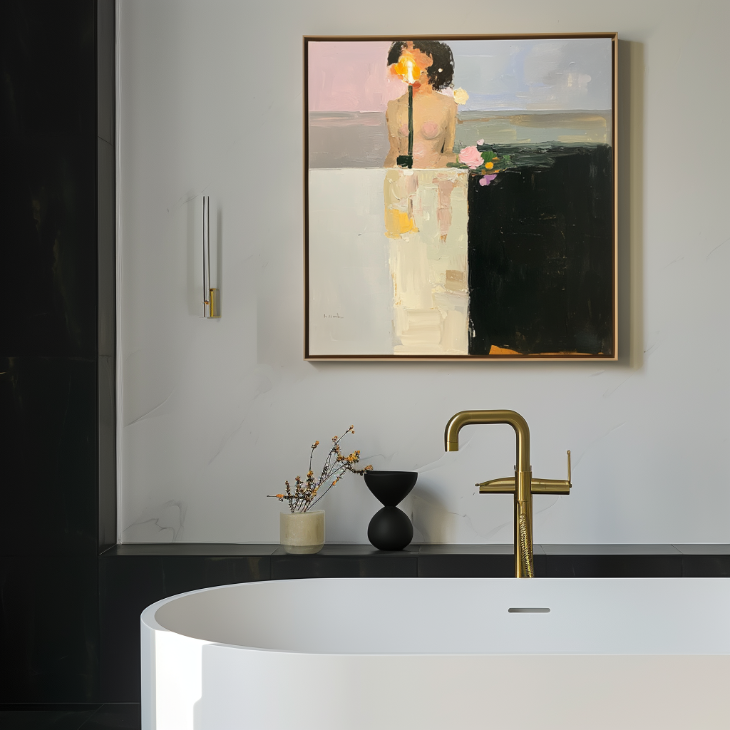 Abstract oil painting of a figure illuminated by a warm light with a vase of flowers, dark and light contrasting backgrounds