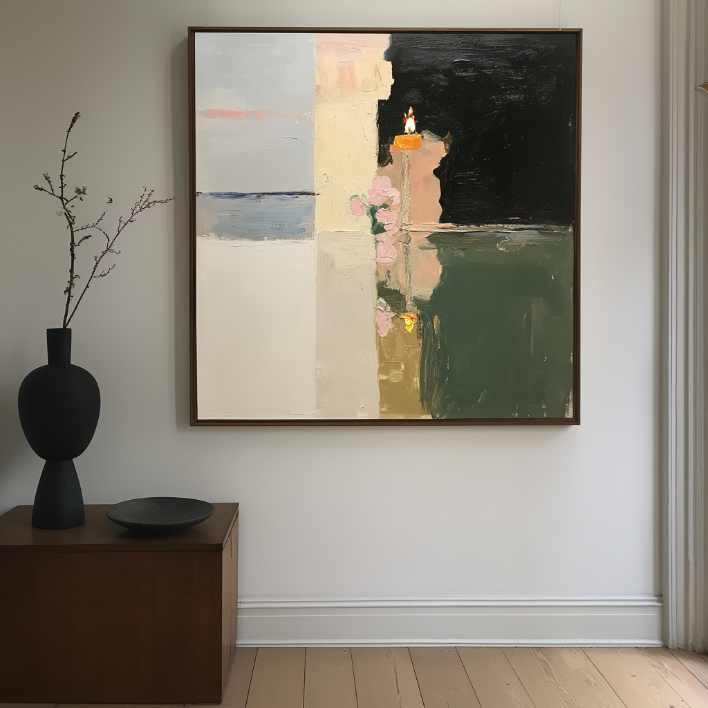 Abstract oil painting of a candle and flowers with light reflection on a calm surface, dark contrasting background