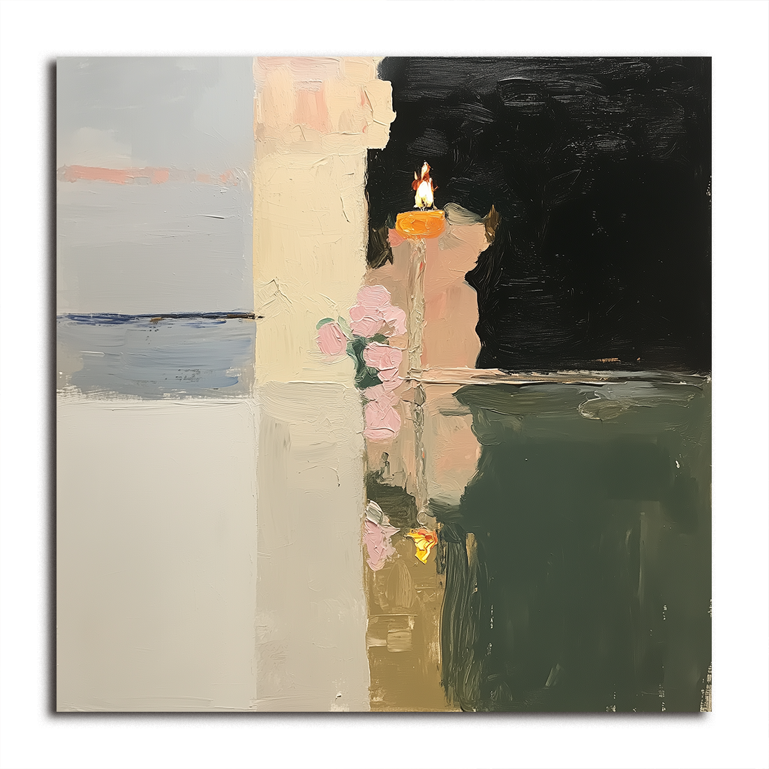 Abstract oil painting of a candle and flowers with light reflection on a calm surface, dark contrasting background