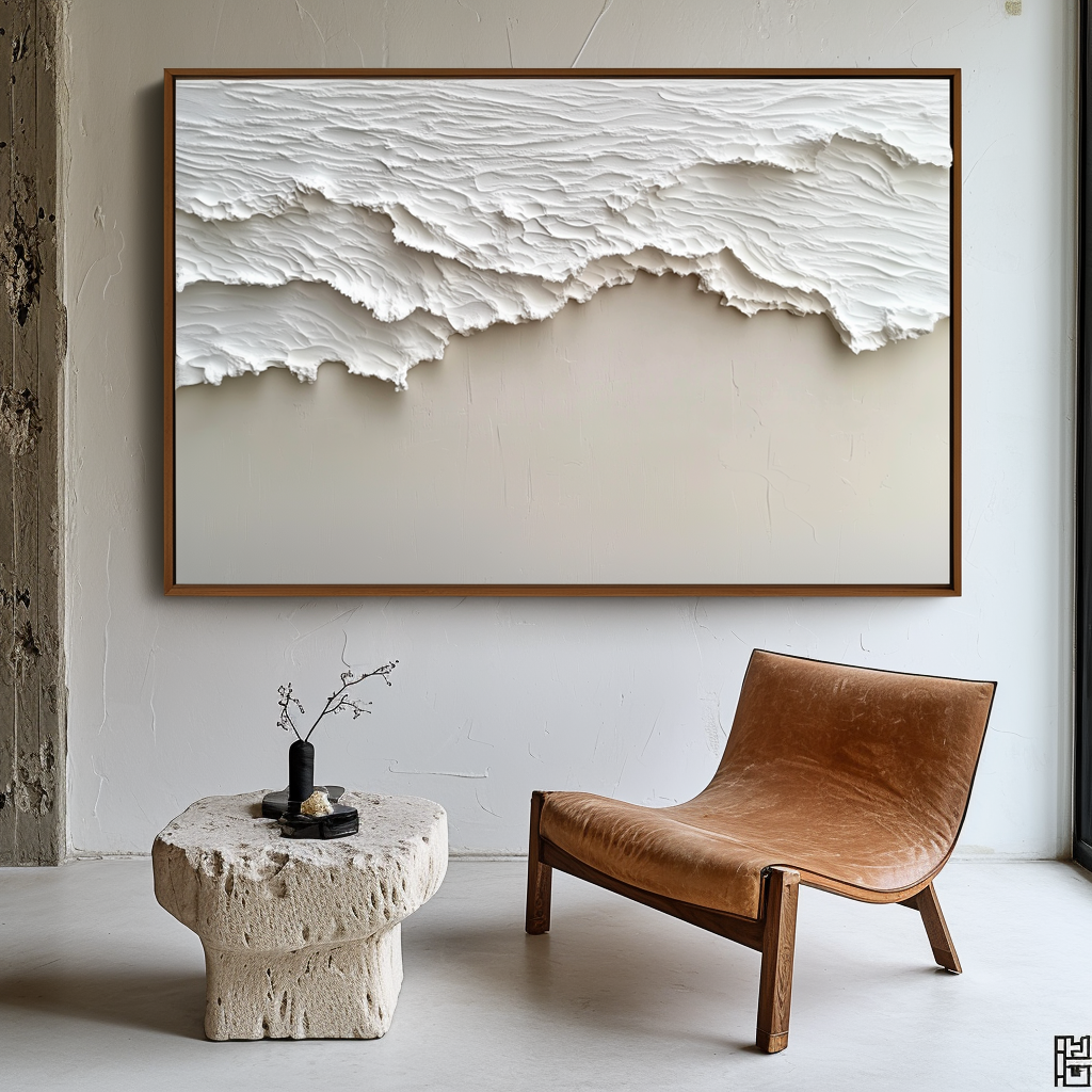Horizontal minimalist textured abstract art with raised white wave-like forms.