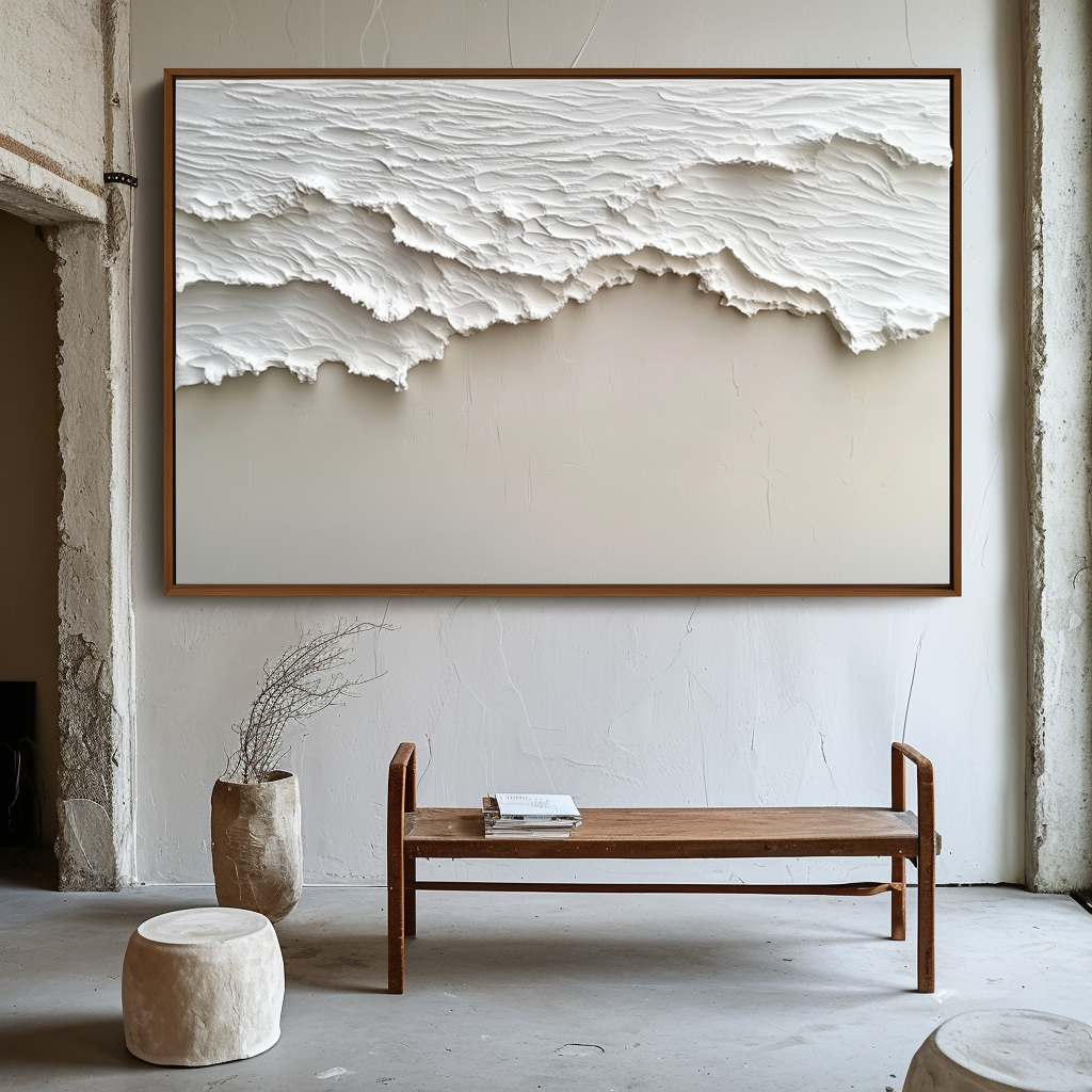 Horizontal minimalist textured abstract art with raised white wave-like forms.