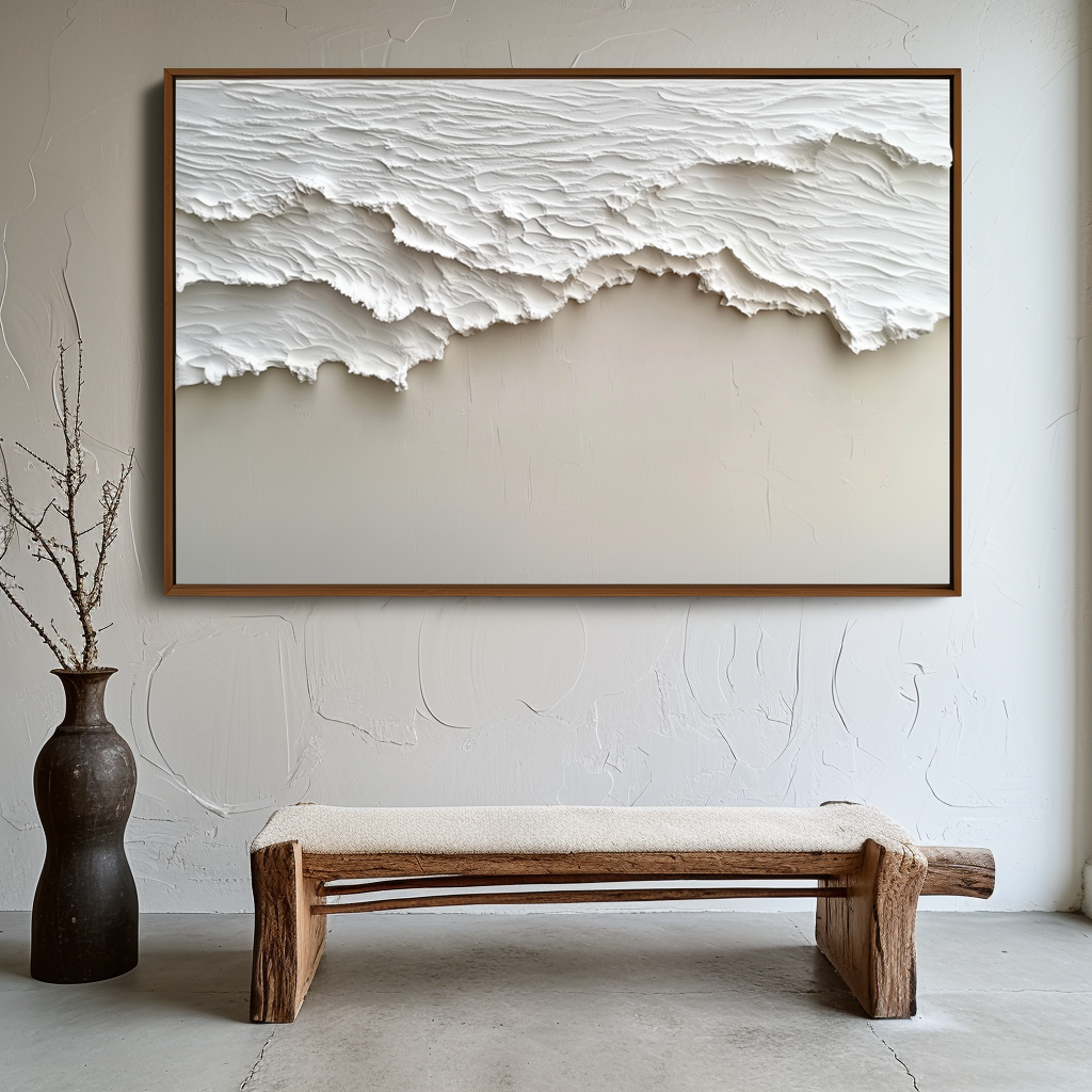 Horizontal minimalist textured abstract art with raised white wave-like forms.