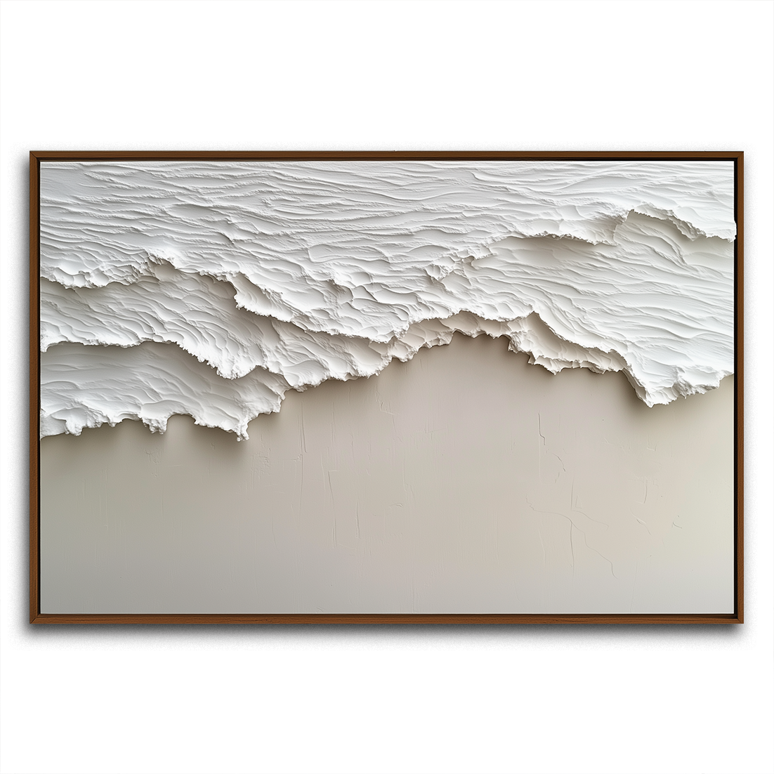Horizontal minimalist textured abstract art with raised white wave-like forms.