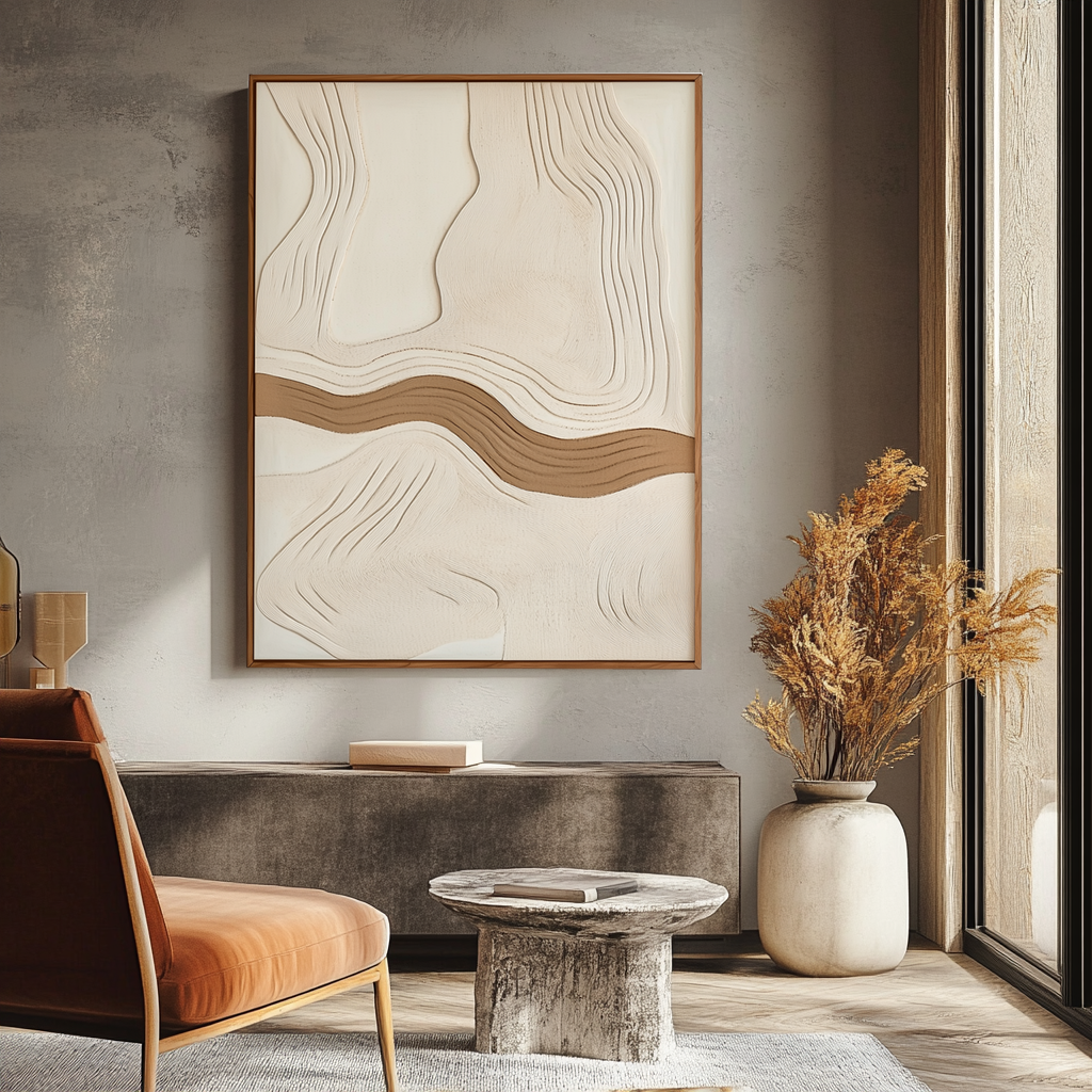 Minimalist neutral textured abstract painting with flowing beige and brown lines
