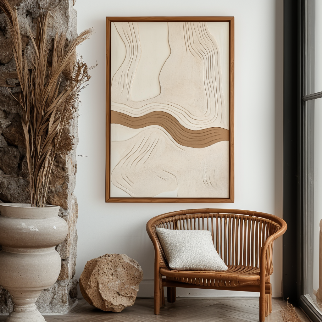 Minimalist neutral textured abstract painting with flowing beige and brown lines