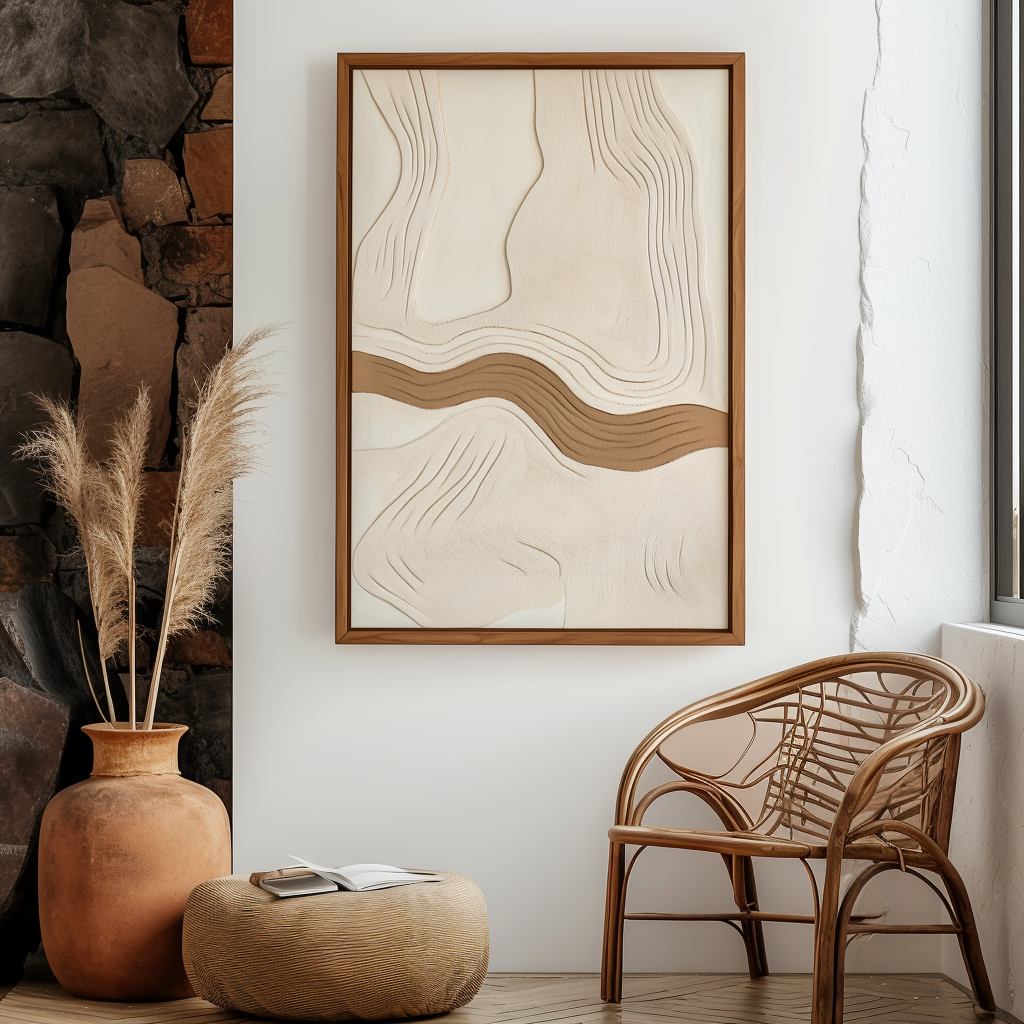 Minimalist neutral textured abstract painting with flowing beige and brown lines