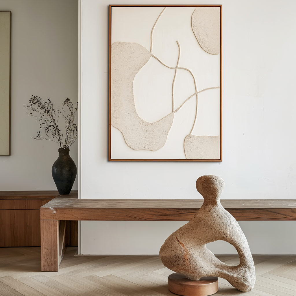 Minimalist beige textured abstract painting with flowing organic lines