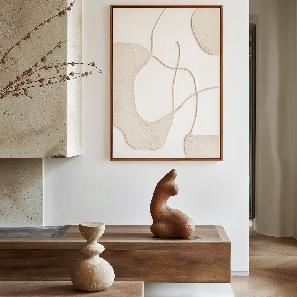 Minimalist beige textured abstract painting with flowing organic lines
